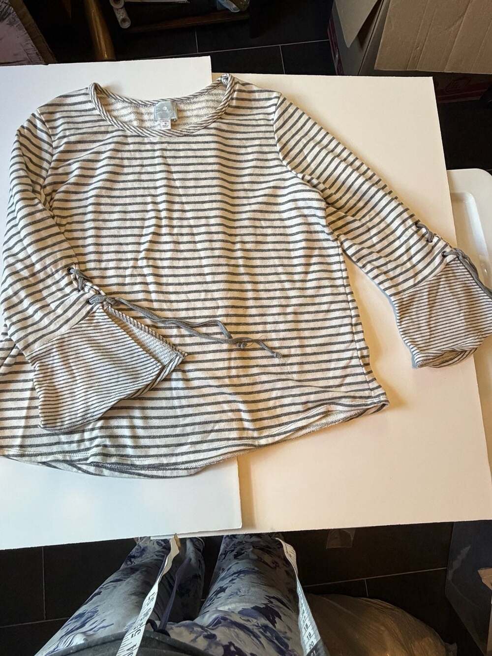Sunday Women's Gray and White Striped Scoop Neck Bell Sleeve Top Size 1X